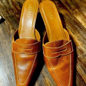Ralph Lauren cognac leather slide kitten heels. Size 9.5